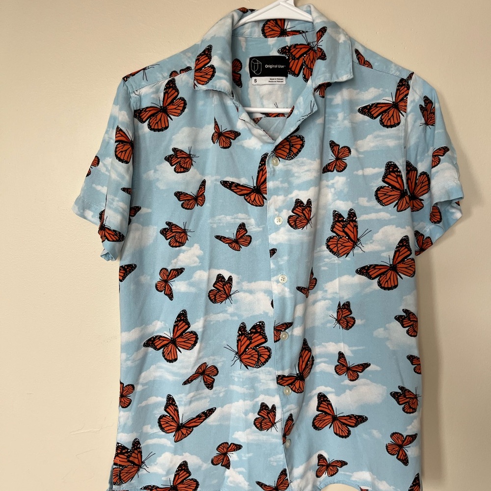 Sky Blue Butterfly Print Men's Shirt